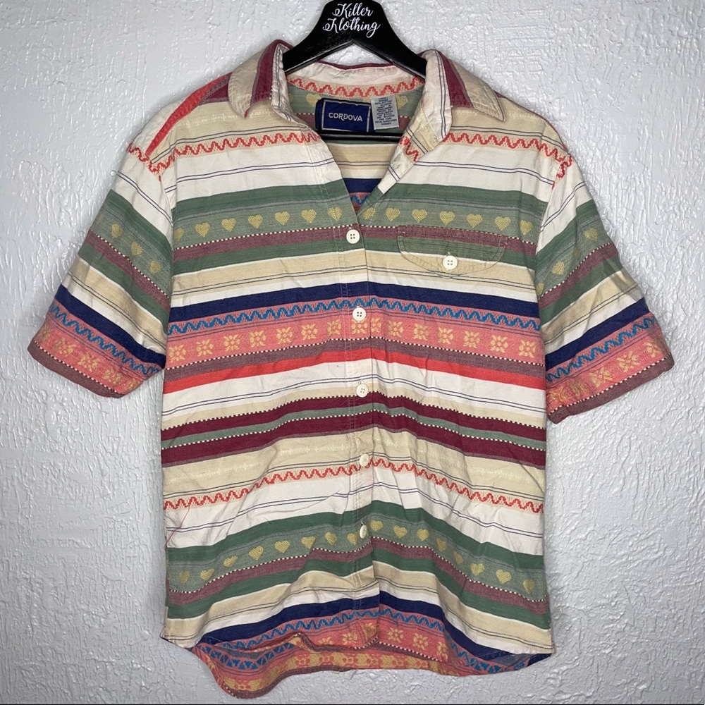 Vintage Patterned Stripe Button Down Blouse - image 1